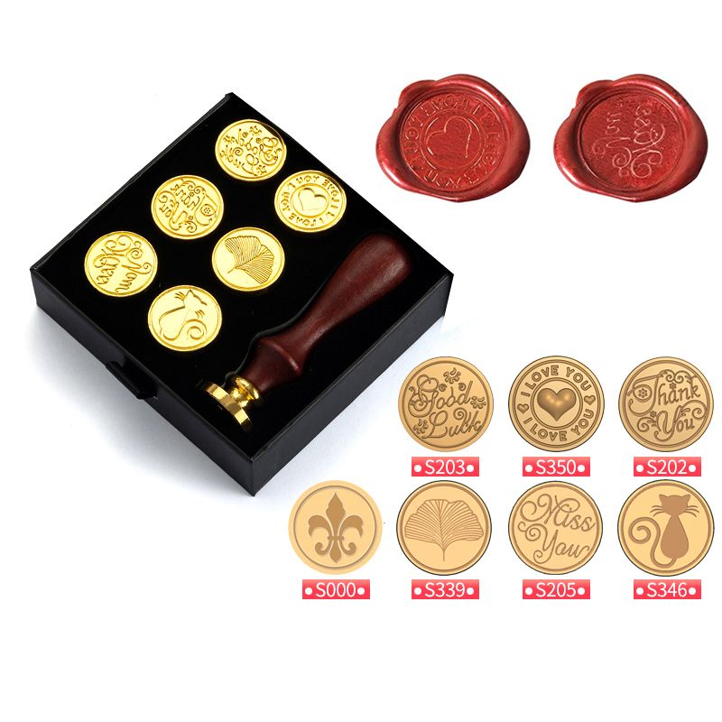 7 Piece Sealing Wax Stamps Copper Seals With Wood Handle Stamp Set