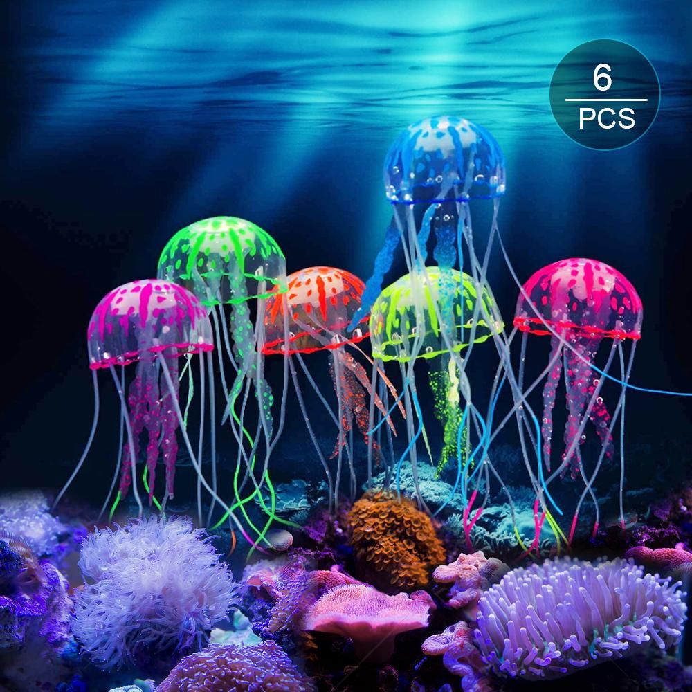 6 Pcs Glowing Jellyfish Decoration Artificial Floating Jellyfish Silicone for Aquarium Fish Tank