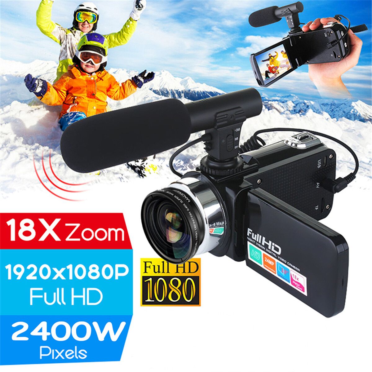 2400 Megapixels Vlog Camcorder Camera Full HD 1080p Video Camera 16X Digital Zoom External Microphone And Lens Full Set