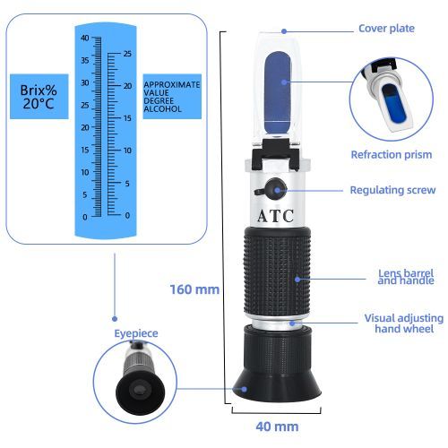 Alcohol Refractometer Sugar Wine Concentration Meter Densitometer 0-2