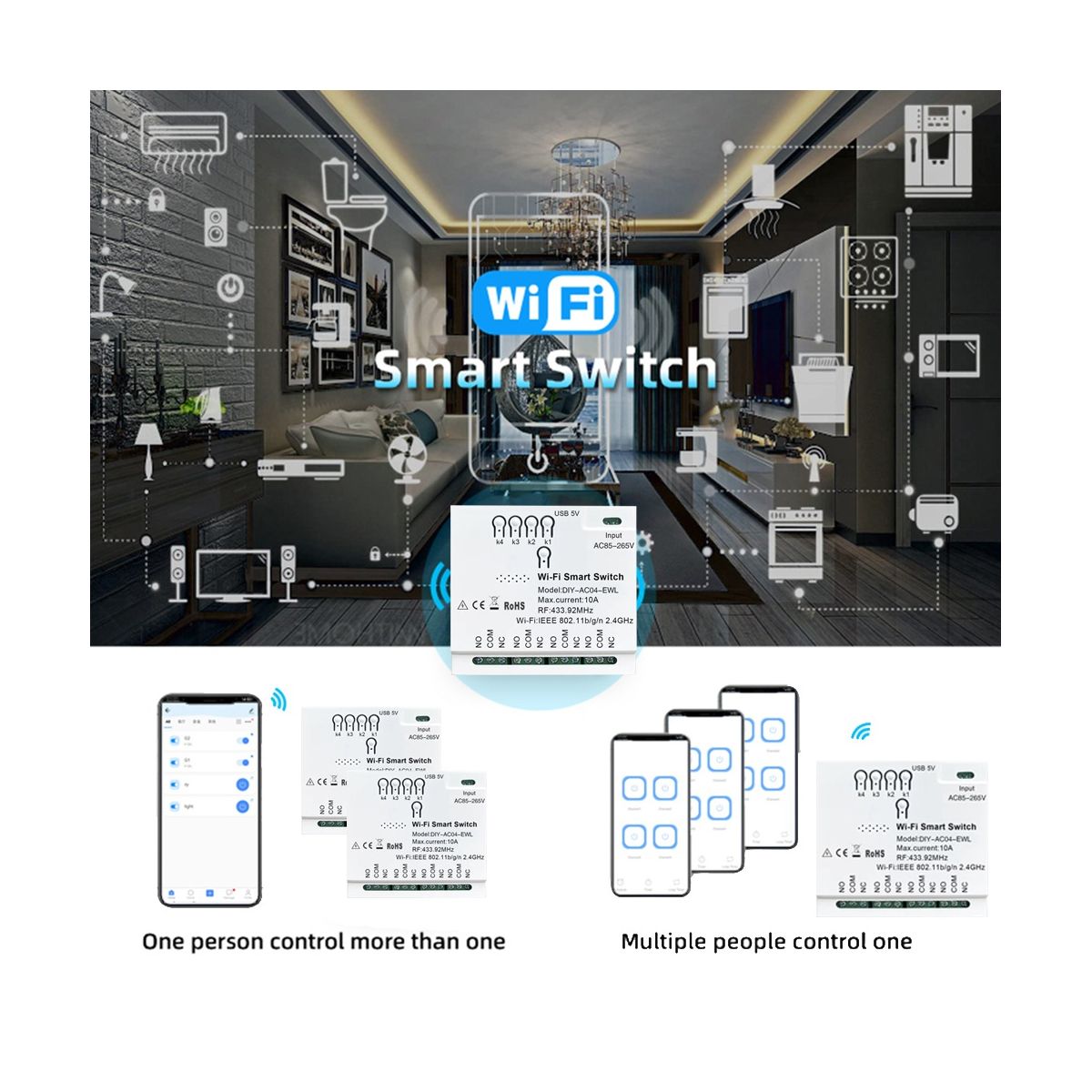 4CH WiFi Smart Switch RF433 7-32V 2.4G WiFi Smartlife Home