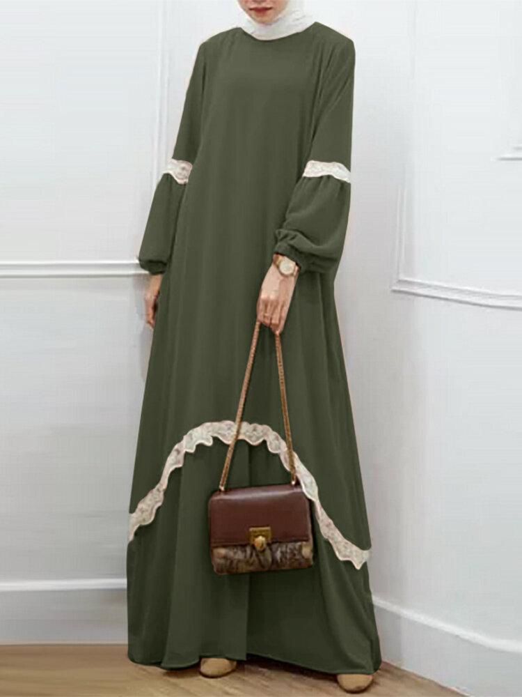 Women Lace Kaftan Tunic Solid Color Ankle Length Casual Midi Dresses