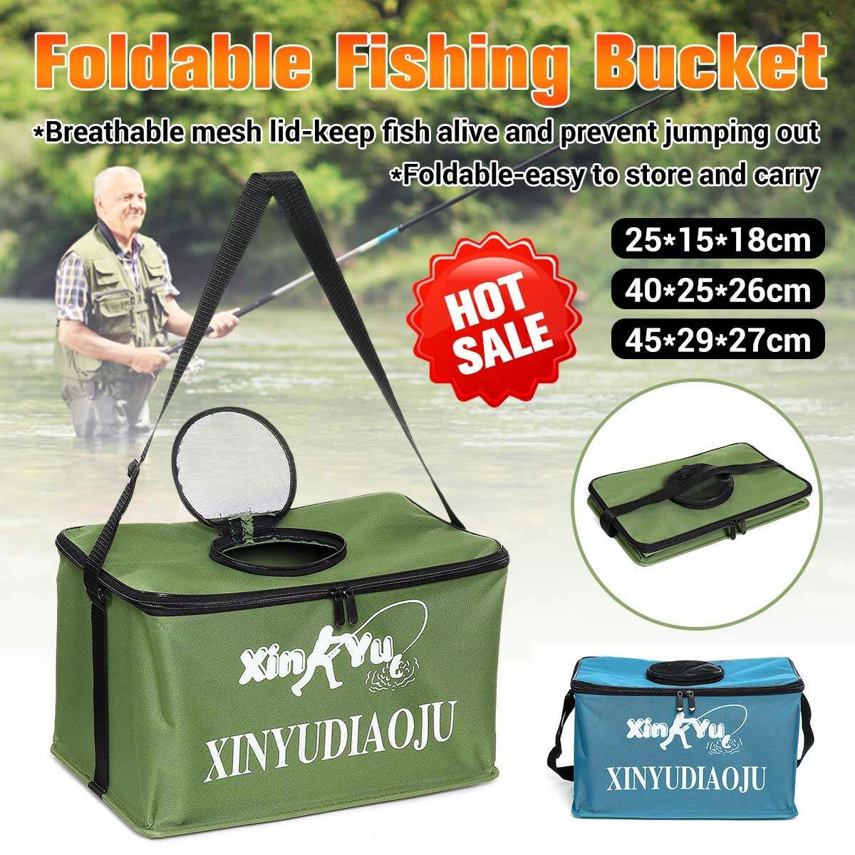 (40*25*26cm-GREEN/BLUE) Thickened-Canvas Waterproof Portable Foldable Bucket Folding Tank Live Fish Bait Storage Box Water Basin For Camping Green