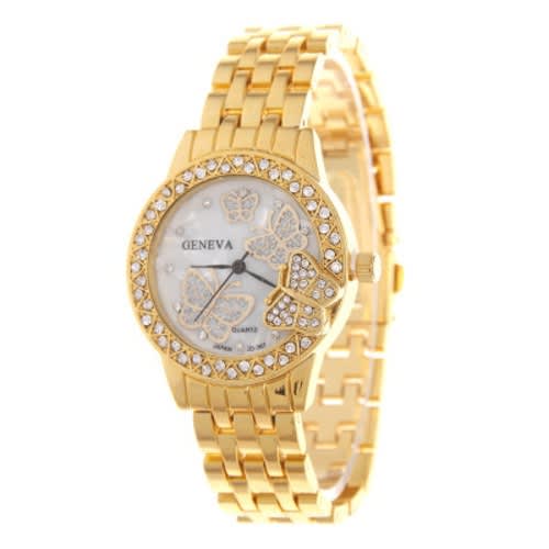 Ladies Rhinestone Butterfly Wrist Watch - Gold