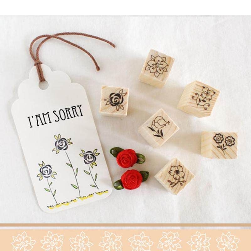 12pcs Creative Cute Cartoon Wooden Seal D.I.Y. Photo Album Stamp Pattern Decoration Group Stationery Gift Antique White