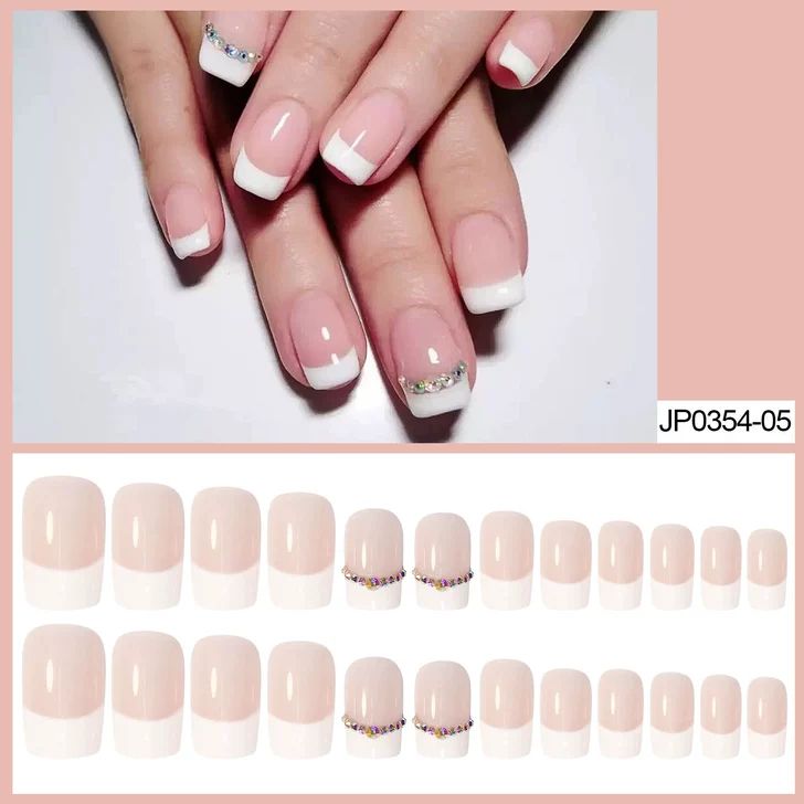 24Pcs French Tips Glossy Glitter Short Press On False Nails