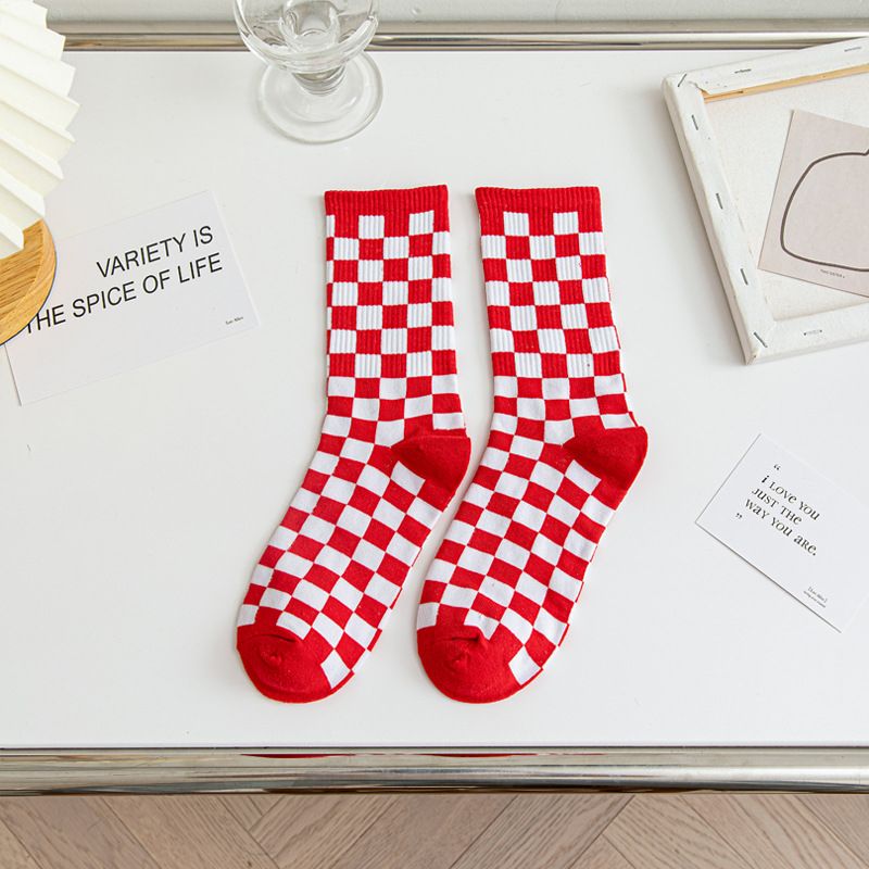 (Red)Korea Harajuku Trend Women Checkerboard Socks Geometric Checkered Socks Men Hip Hop Cotto SMA
