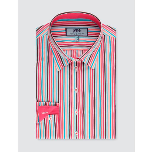 Women's Red & Blue Multi Stripe Semi Fitted Shirt - Single Cuff