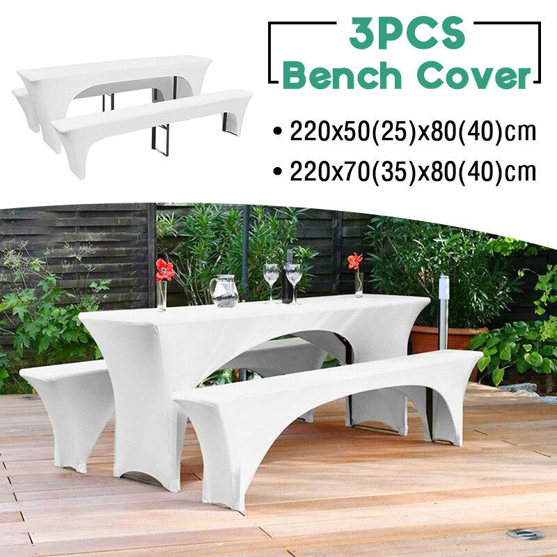 (1 Table Cover+2 Bench Covers) Outdoor Garden Patio Stretchable Table Cover Bench Cover Chair Furniture Storage Protection Dust Cover For Reception Wedding Banquet Party 220x70(35)x80(40)cm
