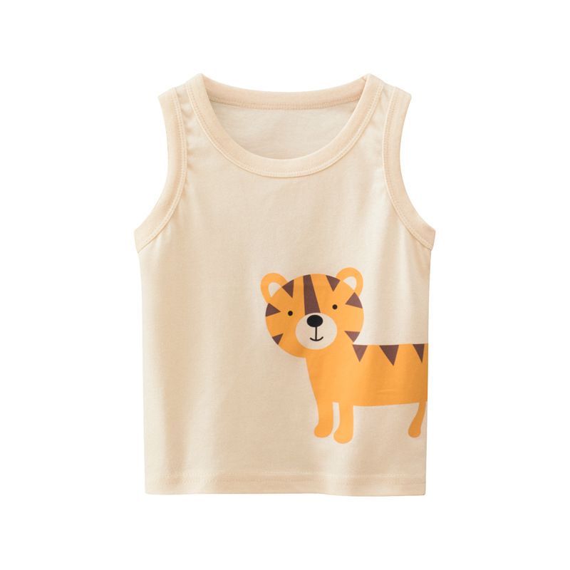 100% Cotton Kid Animal Print Sleeveless Tank Tops-Apricot