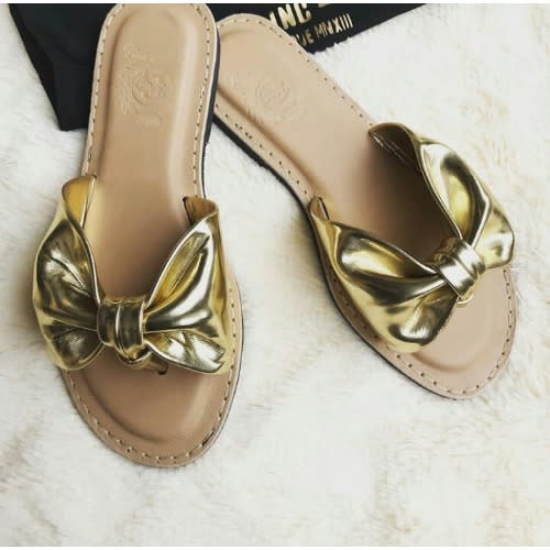 Classy Flat Leather Slippers - Gold