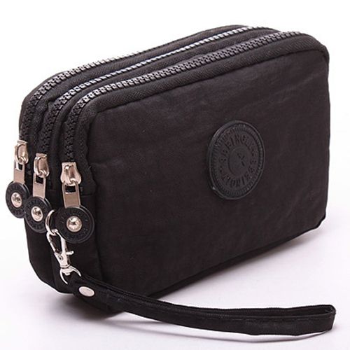 Three-Layer Zipper Short For Ladies Change Mobile Bag(Black)