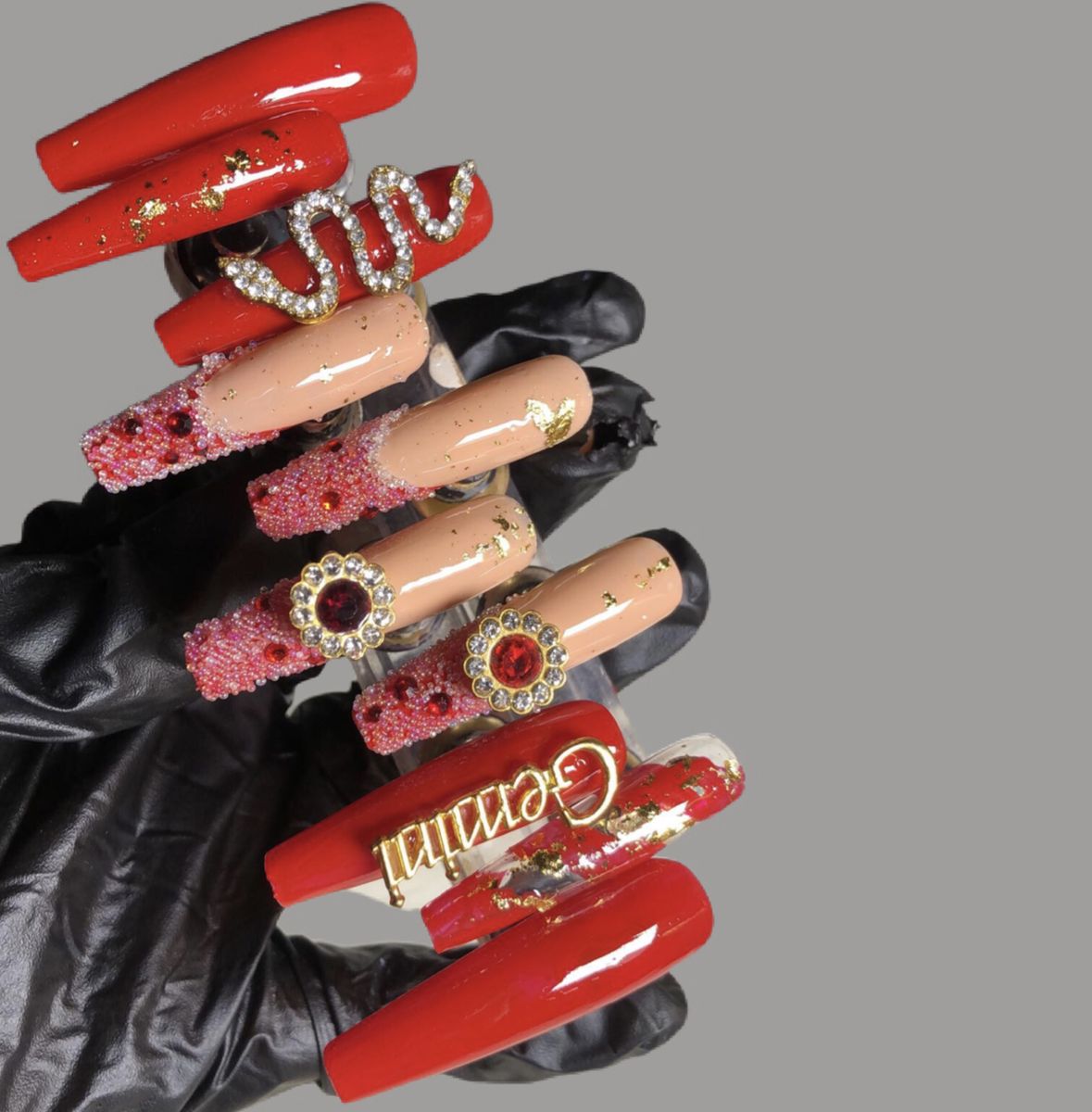 Prom Queen Red With Zodiac Design - 10 Pcs Luxury Press On Nails+kit