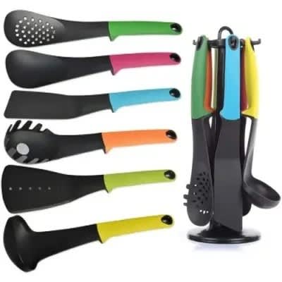 Non Stick Spoons With Rotating Stand - 6 Pcs