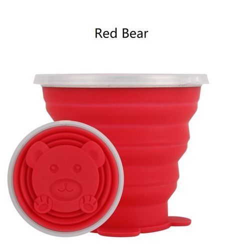 Folding Water Bottle Cup Foldable Silicone Coffee Drinking Cups Mugs Collapsible Sport Travel Mug Reusable Camp Tumbler Red Bear 0.32L