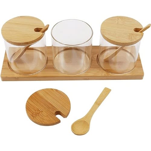 Clear Plastic Jars With Bamboo Lid, Spoon & Stand  - 3 Pcs