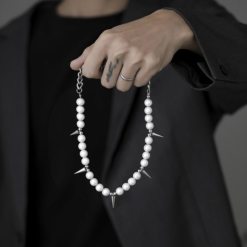 Men's Spike Collarbone Chain Cuban Reflective Beads Necklace