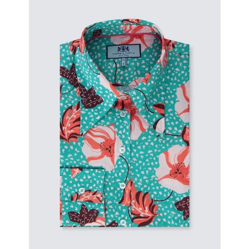 Women's Teal & Brown Vintage Floral Fitted Shirt - Single Cuff