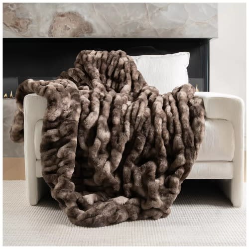 Mon Chateau Brown/Grey Ruched & Printed Luxe Faux Fur Blanket