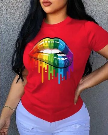 Red Fitted Women Dripping Lip Polo Ladies T Shirt Round-Red