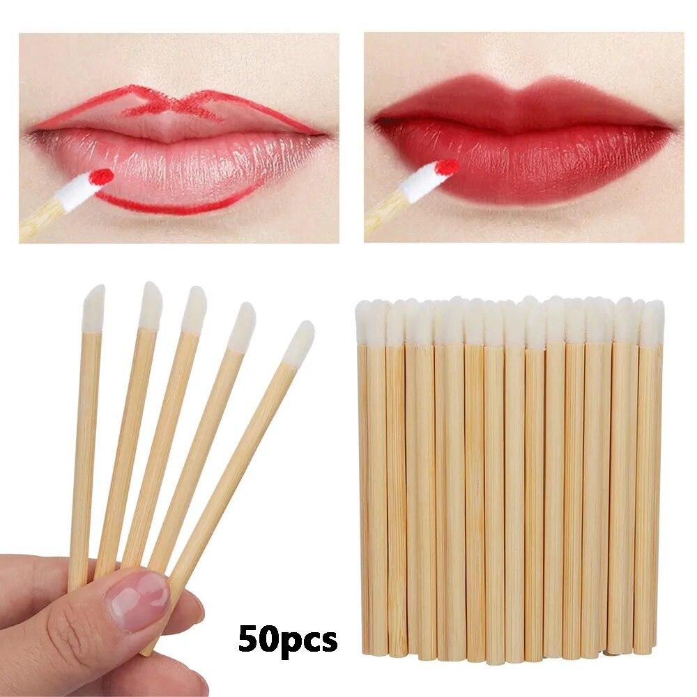 50pcs Disposable Lip Brush Eyelash Brushes Bamboo Handle Lipstick Mascara Wand Extension Applicator Cleaner Beauty Makeup Tools
