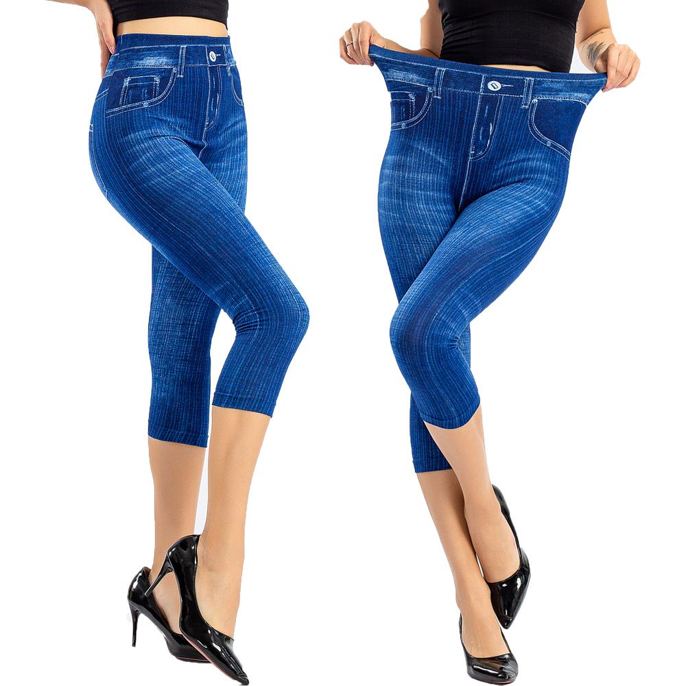 Jeans Jeggings Leggings 3/4 Stretchy High Waist- Blue