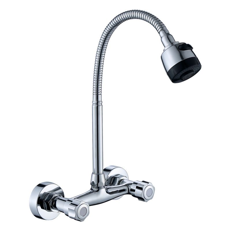 Wall Mounted Kitchen Faucet BrSwivel Spray Sink Faucet Dual Handle Double Hole Cold And  Water Mixer Tap Washbasin Faucet