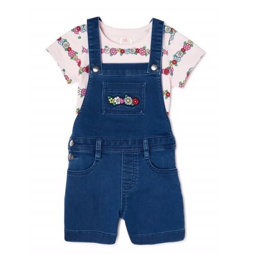 Kids Girls Printed T-shirt & Pinafore Overall Shortall &ndash; Faux Denim