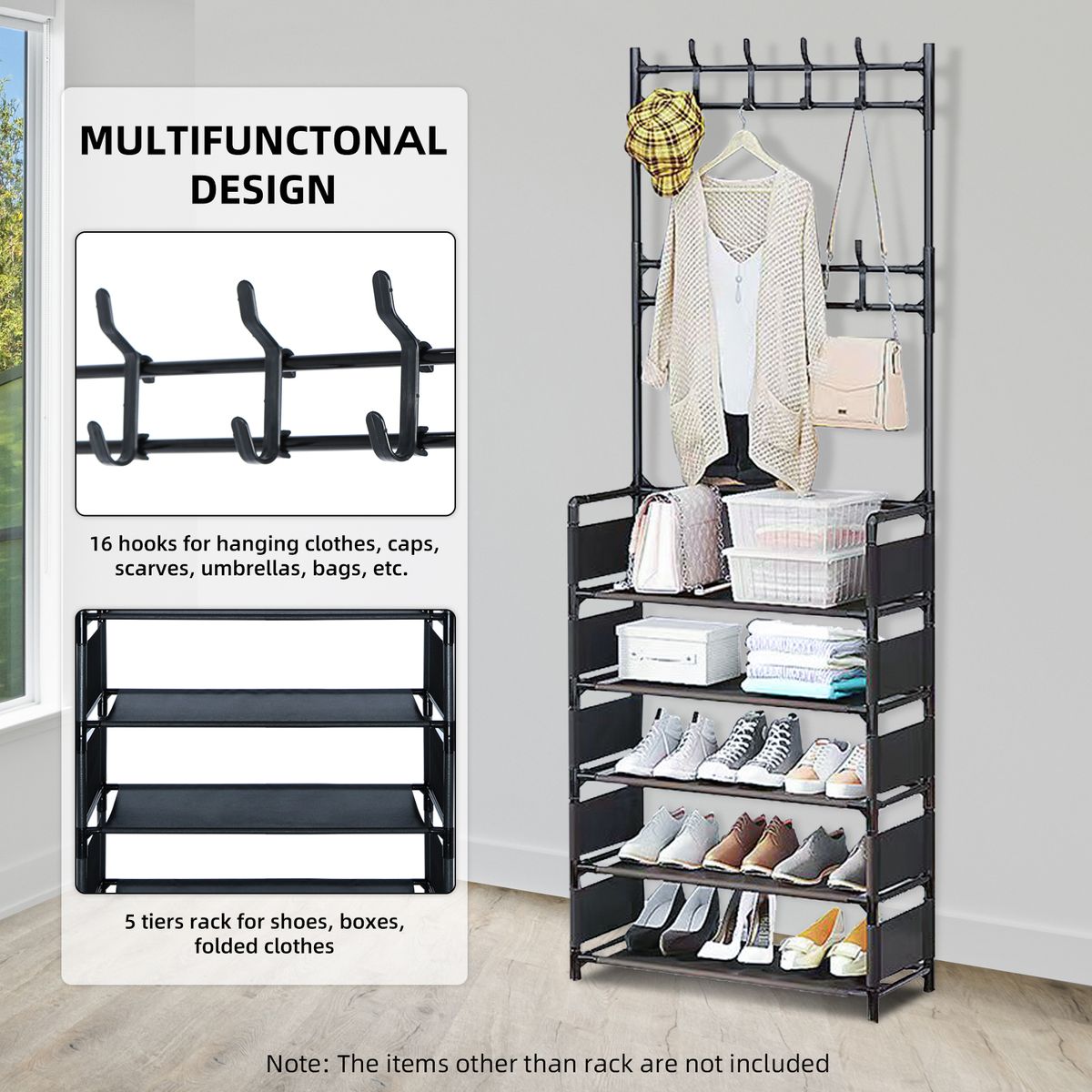 5-Tiers Metal Shoe Rack Hat Rack With 16 Hooks+Side Cover