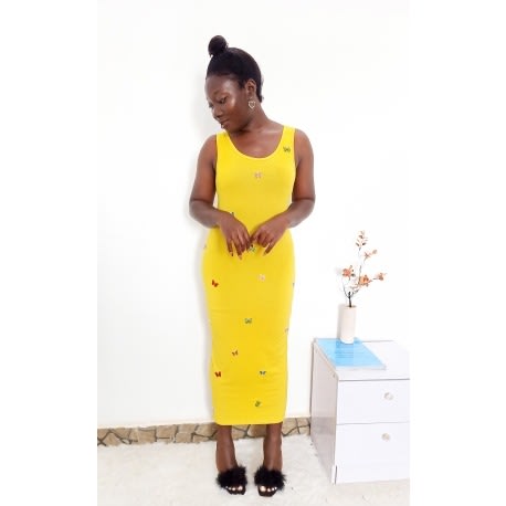 Midi Dress Layered With Butterfly Design- Exclusive Fashion - Yellow