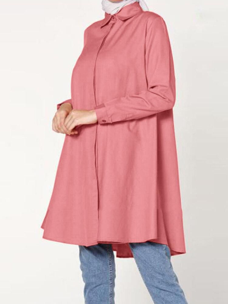 Women Casual Solid Color Lapel Long Sleeve Longline Loose MuslimBlouse