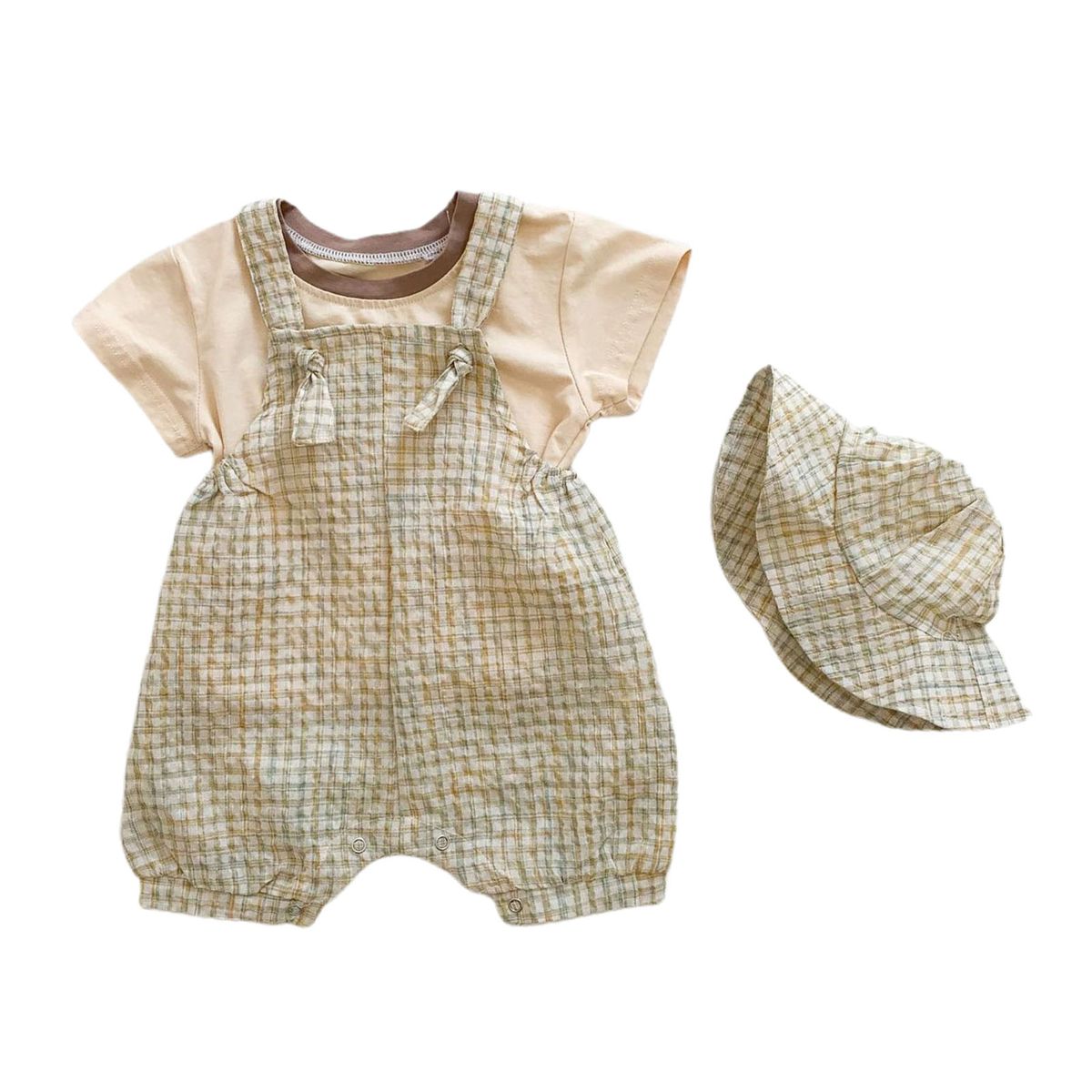 3Pcs/Set Kids Outfit Solid Color Top With Hat Jumpsuit-Khaki