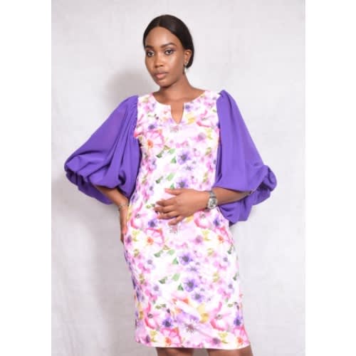 Floral Fitted Kneel Length Stretchy Dress With Puffy Arabian Chiffon Sleeve With Band. LG/002