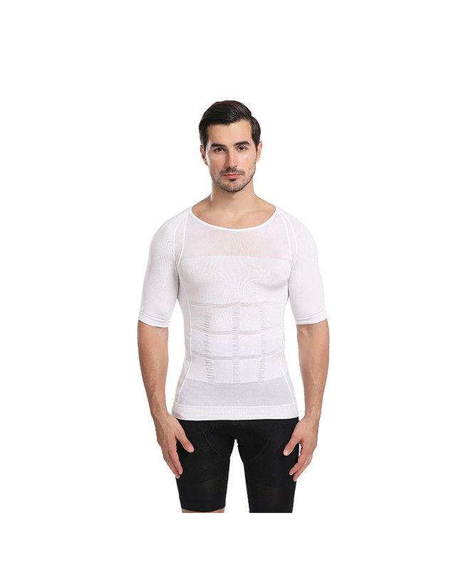 Men Slim Lift Compression Sports Vest Shirt Short Sleeve Shaper-White