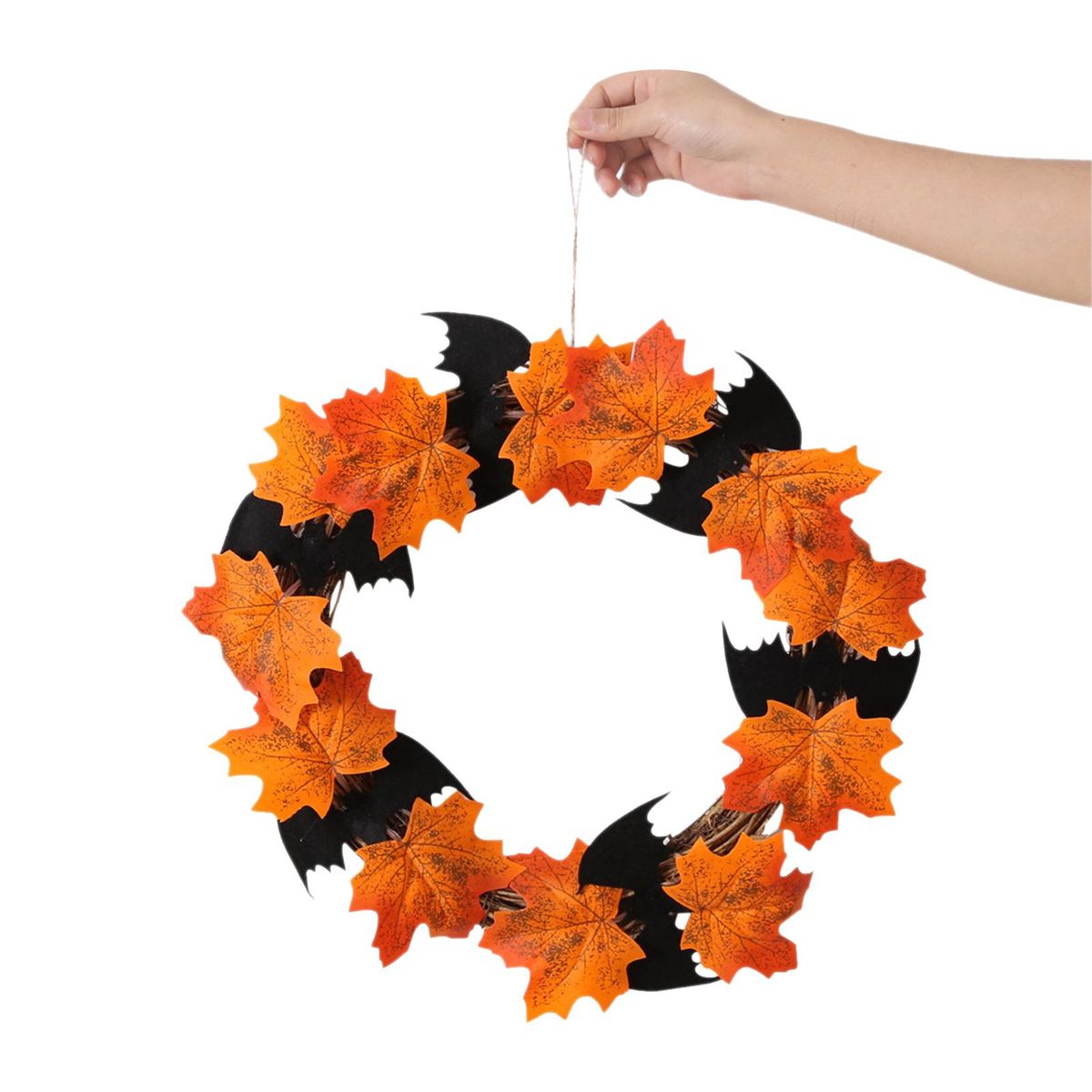 16 Inch Halloween Front Door Wreath Hanging Garland Artificial Maple Leaf Bat Wreath for Wall Halloween Holiday Party Haunted House Decoration