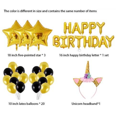 16 Inch Happy Birthday Letter Foil Balloons + Latex Balloons + Balloon Glue With Fashion Head Band