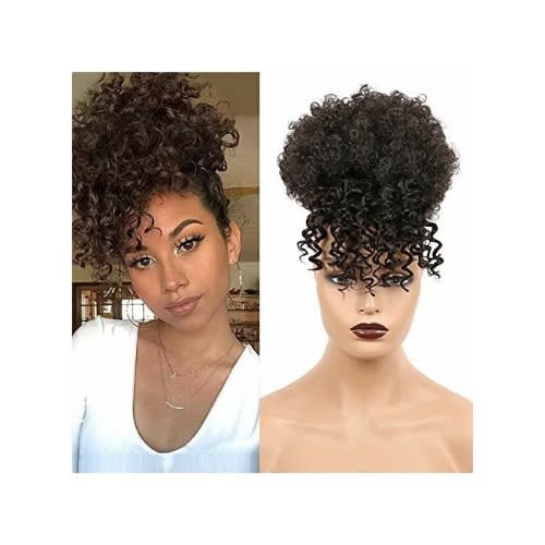 Drawstring Afro Curly Bun Ponytail With Fringe - Black