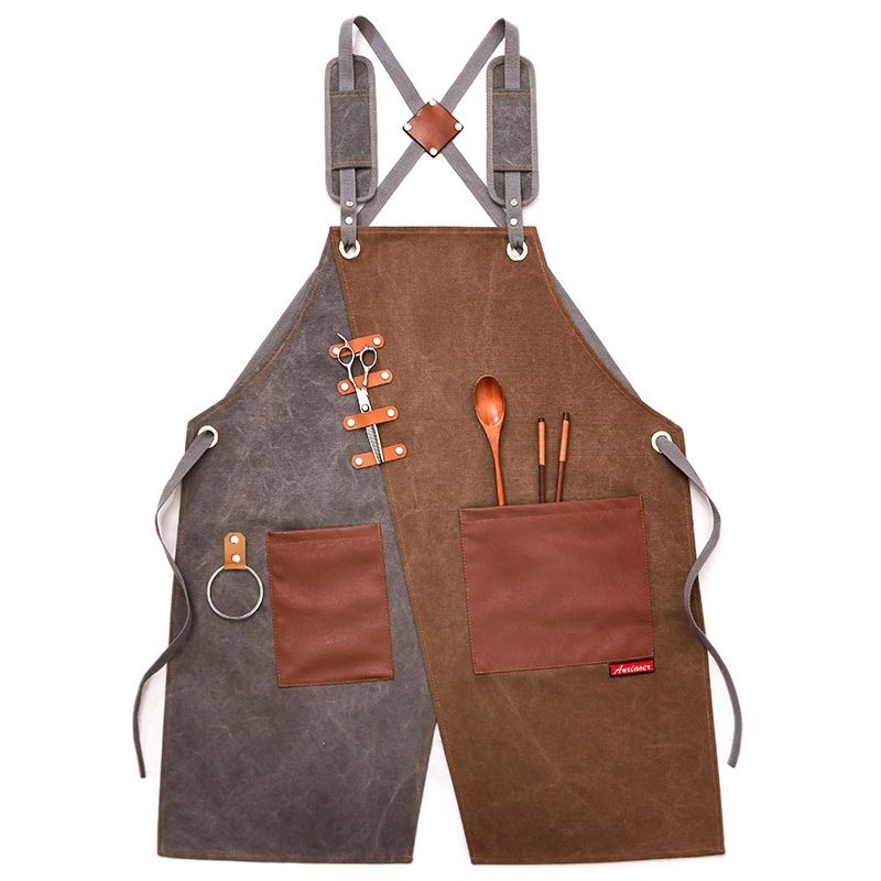 Denim Apron Barber Milk Tea Shop Waiter Overalls(Gray-yellow Shoulder Strap)