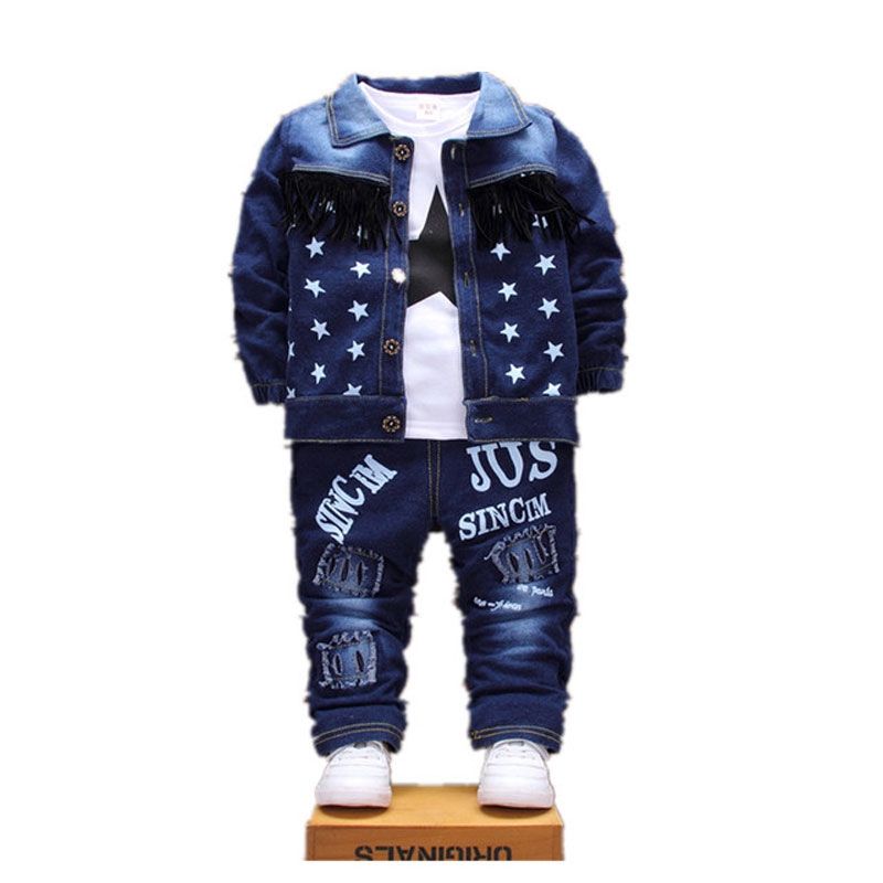 Kids Long Sleeve Star T-Shirt + Denim Coat + Trousers Suit