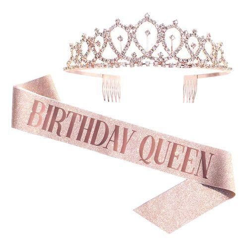 Birthday Queen Belt And Rhinestone Crown-Rose