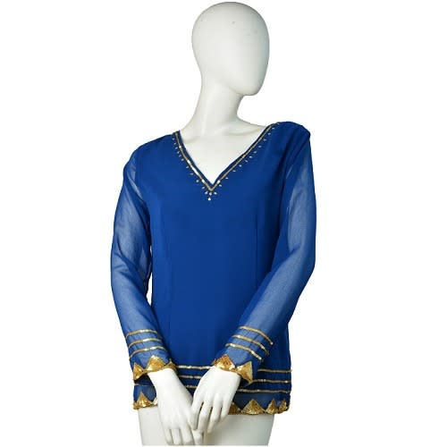 Women Long-sleeved Embellished Blue Top