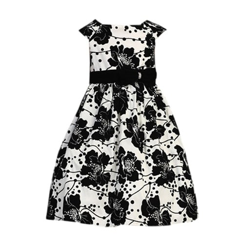 Sweet Kids Girls Velvet Flocked Dress - Black & White