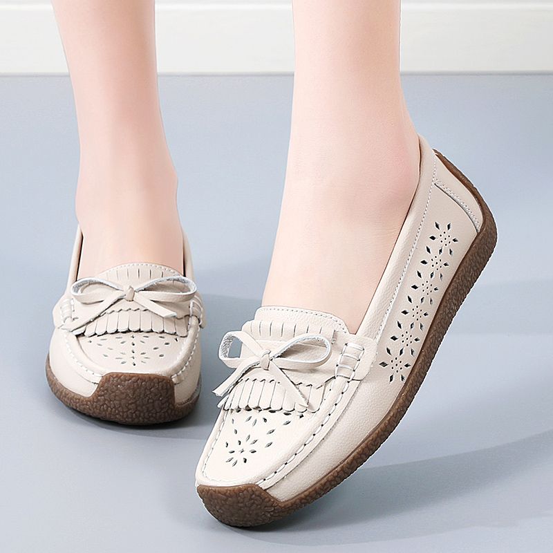 EUR Size 35-44 NEW Women Shoes Oxford Flats Shoes Woman Soft Bottom Cow Leather Women Flats Cut-Outs Summer Hollow Women's Loafers Female Solid Fashion Comfy Slip On Casual Shoes Ladies Ballet Flats Beige