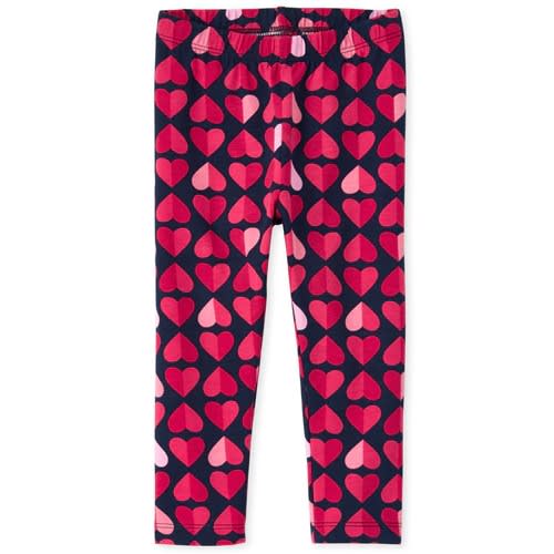 Girl's Heart Print Full Length Leggings- Tidal Red
