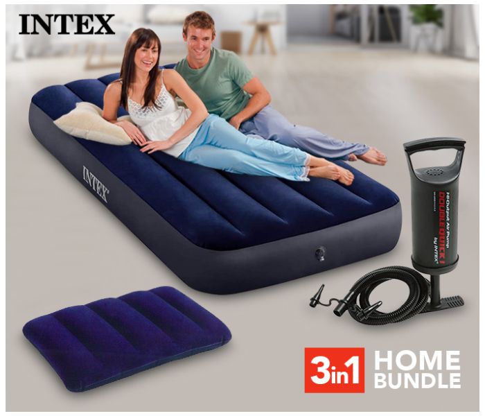 Single Person Air Mattress-Blue + Pump+ Pillow-Blue.
