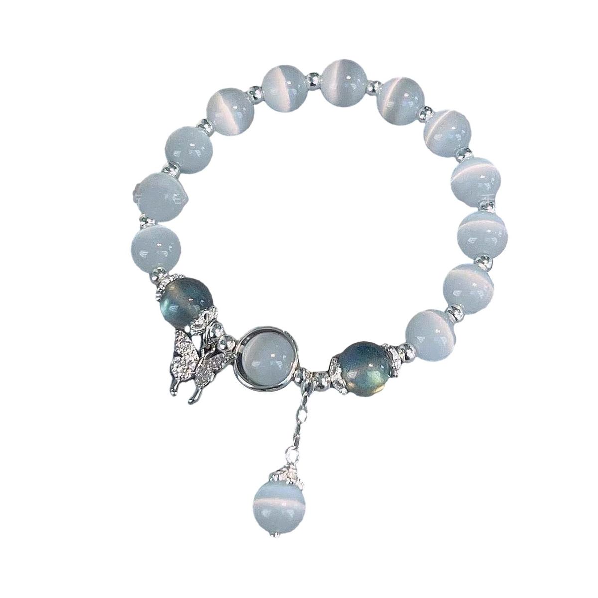 Lady Wrist Bracelet Opal Butterfly Pendant Elastic Band for Women Silver