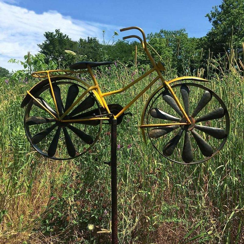 Yellow Bike Garden Spinner, Vintage Style Stake Decoration,