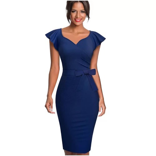 Flutter Sleeve Belt Pencil Dress- Blue
