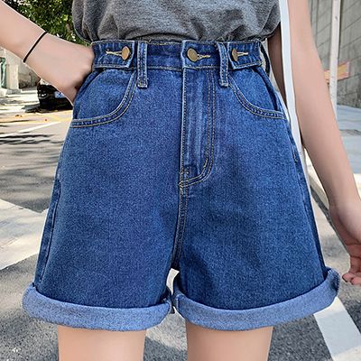 (Deep Blue)Denim Shorts Women 2021 Elegant Shorts Female High Waist Wide Leg Cotton Summer Fahion Korean Style Casual Loose Ladies Clothes DOU