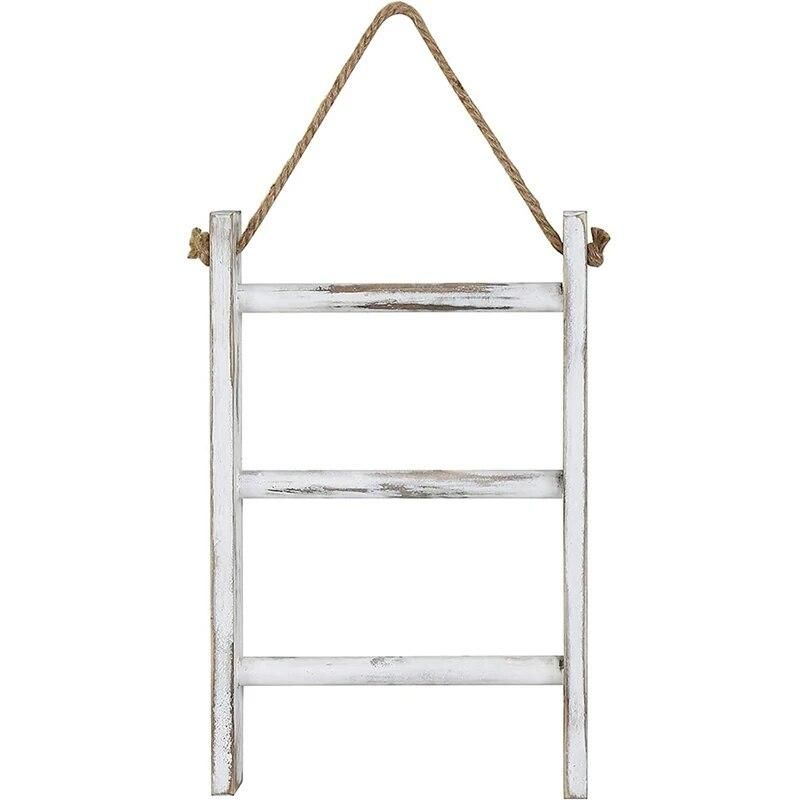 Wall-Hanging Towel Ladder Rustic Whitewashed Wood Countertop Ladder Farmhouse Decor Towels Rack with Adjustable Rope